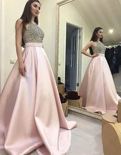 Elegant Beaded Pink Satin Ball Gown Round Neck Open Back Long Prom Dresses, SP488