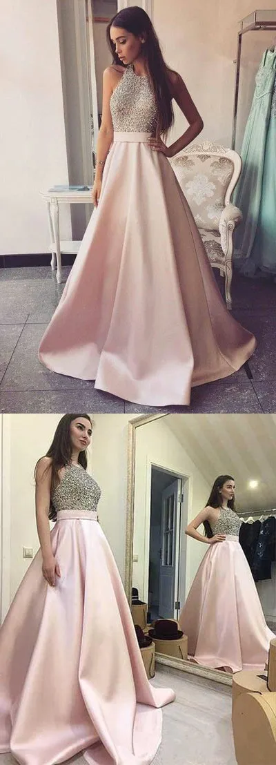 Elegant Beaded Pink Satin Ball Gown Round Neck Open Back Long Prom Dresses, SP488