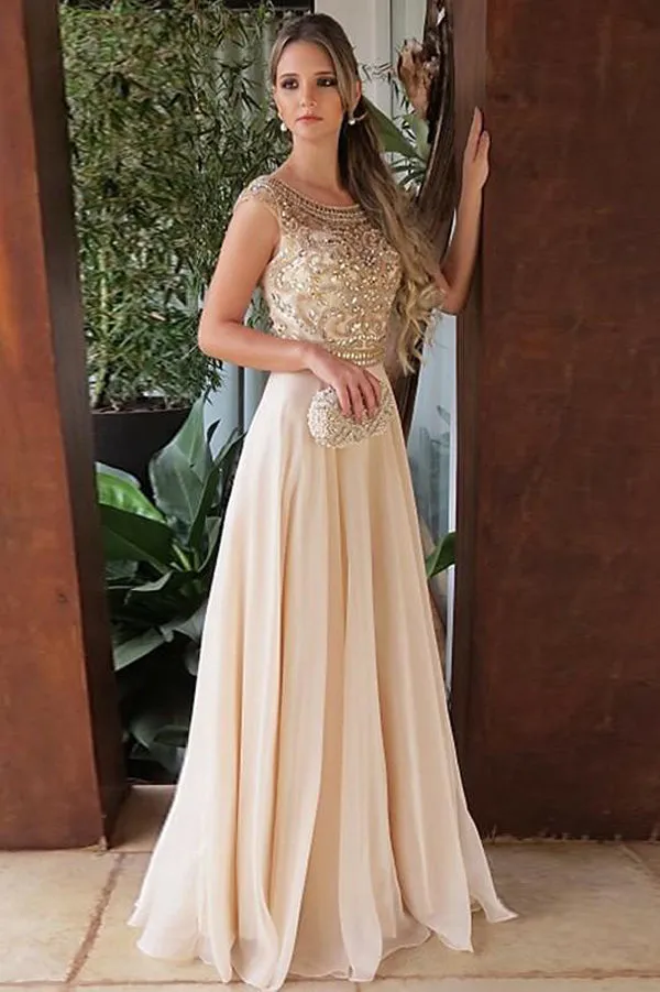 Elegant Chiffon Round Neck Cap Sleeves Long A Line Prom Dress with Beading, M276