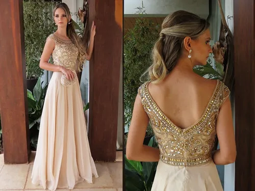 Elegant Chiffon Round Neck Cap Sleeves Long A Line Prom Dress with Beading, M276