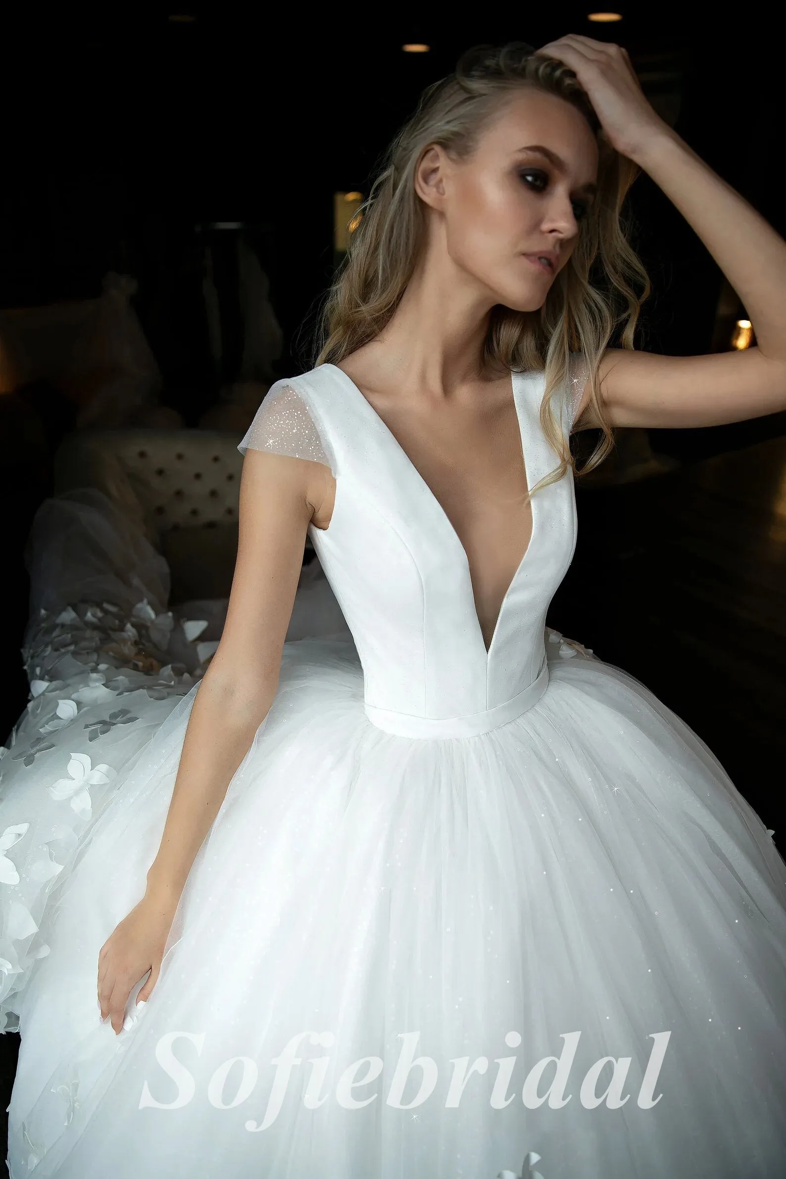 Elegant Deep V-Neck Cap Sleeve A-Line Long Wedding Dresses With Butterfly Applique,SFWD0076