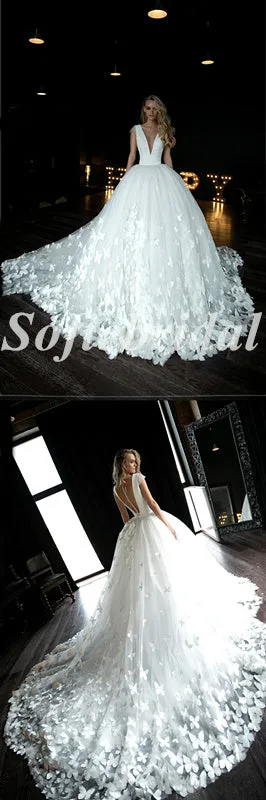 Elegant Deep V-Neck Cap Sleeve A-Line Long Wedding Dresses With Butterfly Applique,SFWD0076