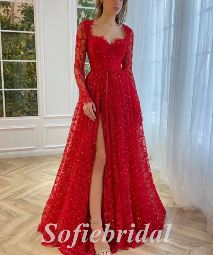 Elegant Lace And Tulle Long Sleeves V-Neck Side Slit A-Line Long Prom Dresses,SFPD0653