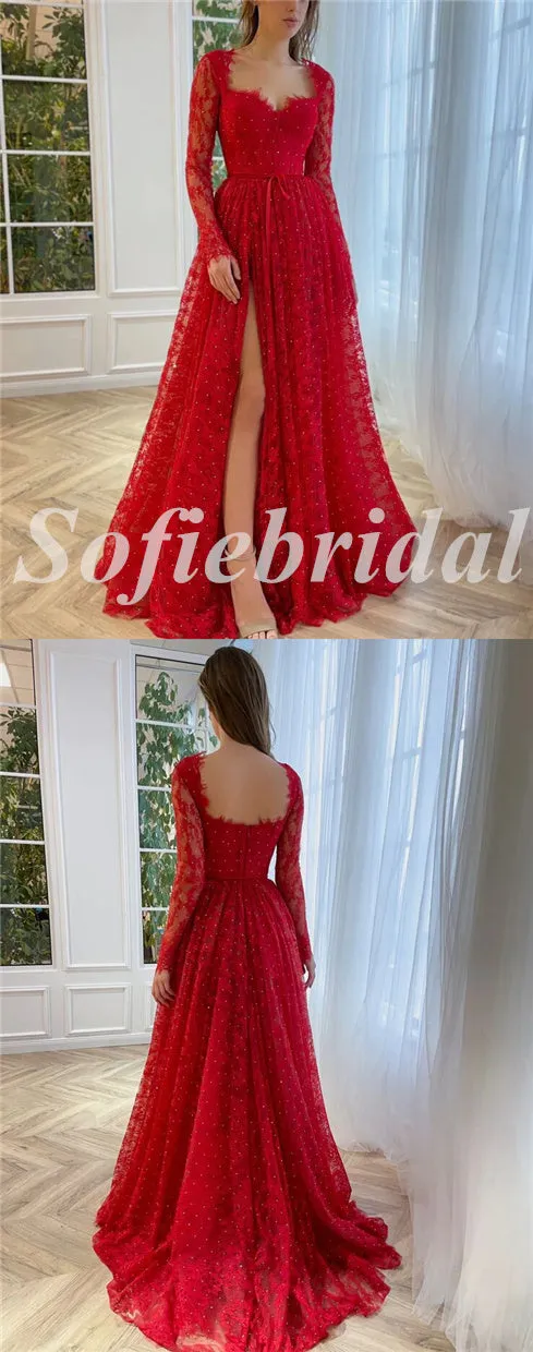 Elegant Lace And Tulle Long Sleeves V-Neck Side Slit A-Line Long Prom Dresses,SFPD0653