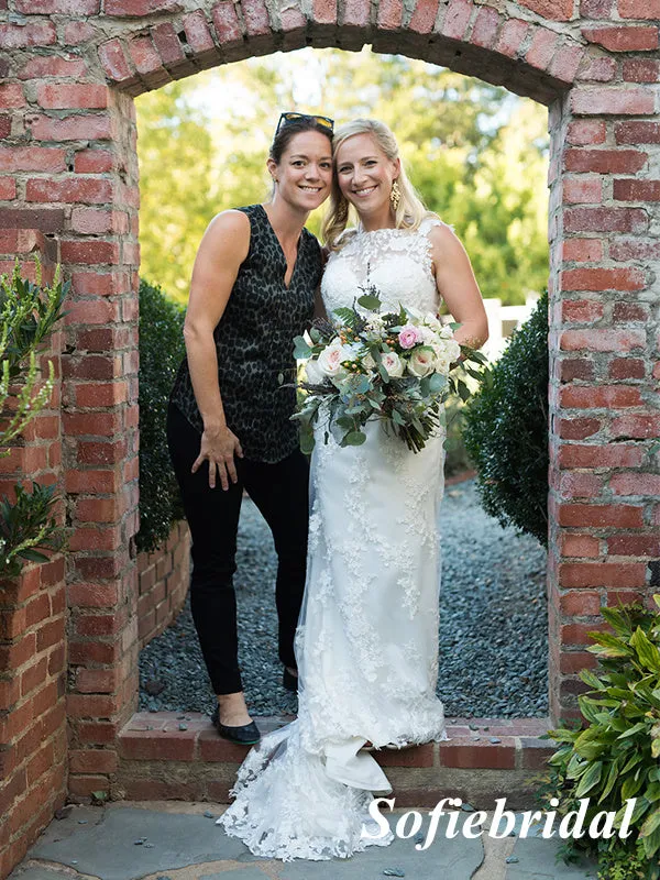 Elegant Lace And Tulle Spaghetti Straps Sleeveless Mermaid Long Wedding Dresses,SFWD0080