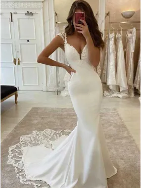 Elegant Mermaid Cap Sleeve V-Neck Satin With Lace Appliques Wedding Dress, WD0499