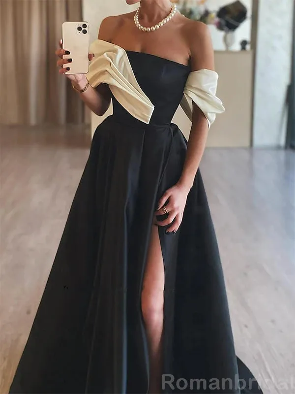 Elegant Off the Shoulder A-line Side Slit Black Long Evening Prom Dress, OL190