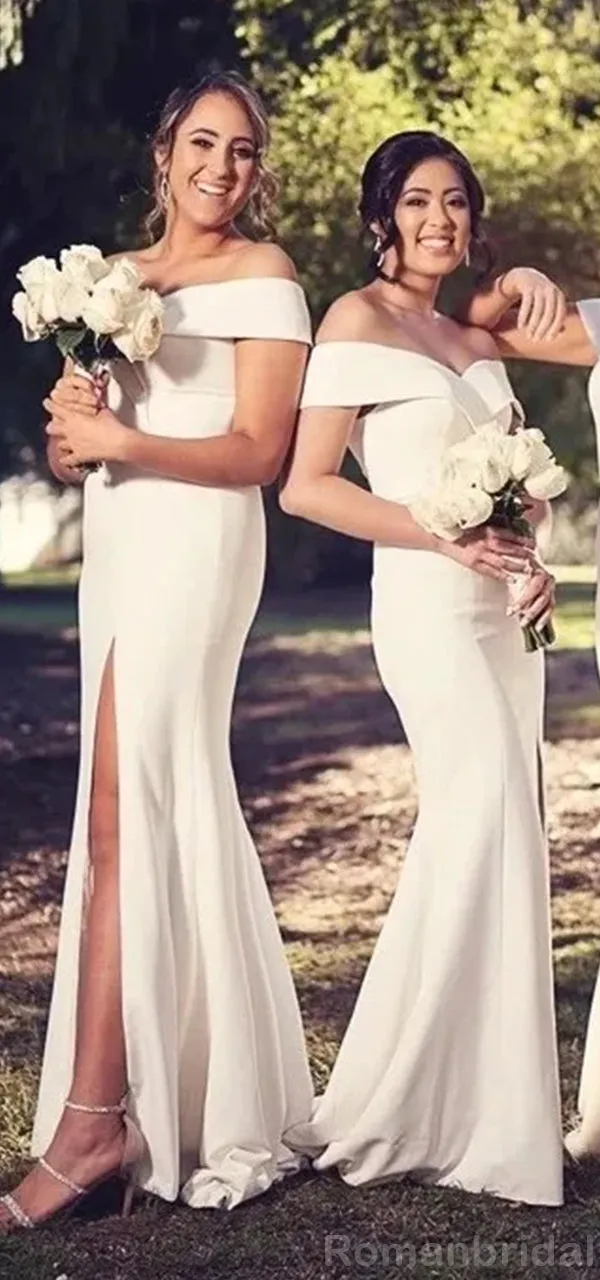 Elegant Off the Shoulder Side Slit Long Satin Bridesmaid Dresses, BG514