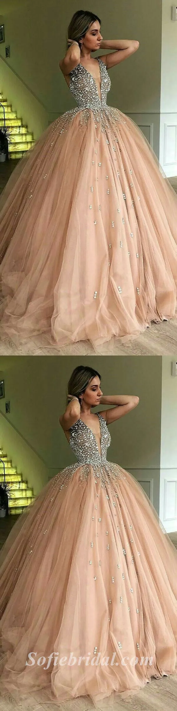 Elegant Tulle Spaghetti Straps V-Neck A-Line Long Prom Dresses With Beading,SFPD0452