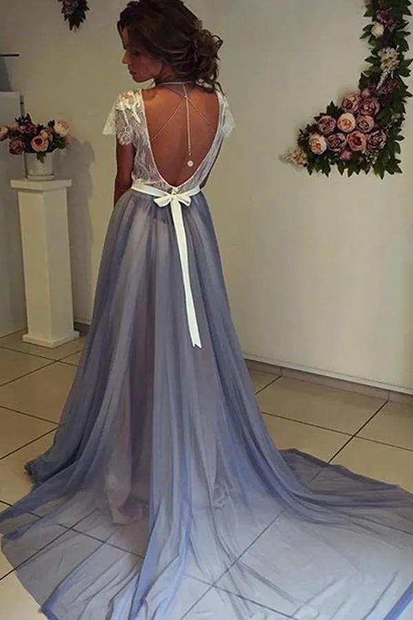 Fabulous Chiffon Scoop Neckline Cap Sleeves Prom Dress with Lace Back, M166