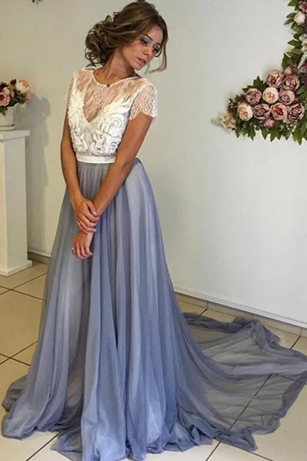 Fabulous Chiffon Scoop Neckline Cap Sleeves Prom Dress with Lace Back, M166