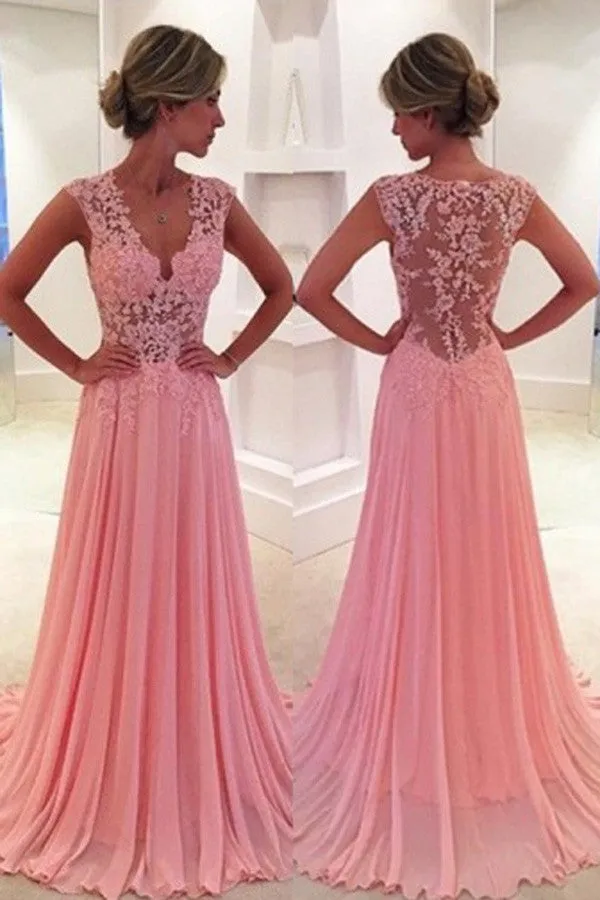 Fabulous Pink A-line V-Neck Prom Dresses,Long Lace Prom Dress with Sweep Train,SVD414