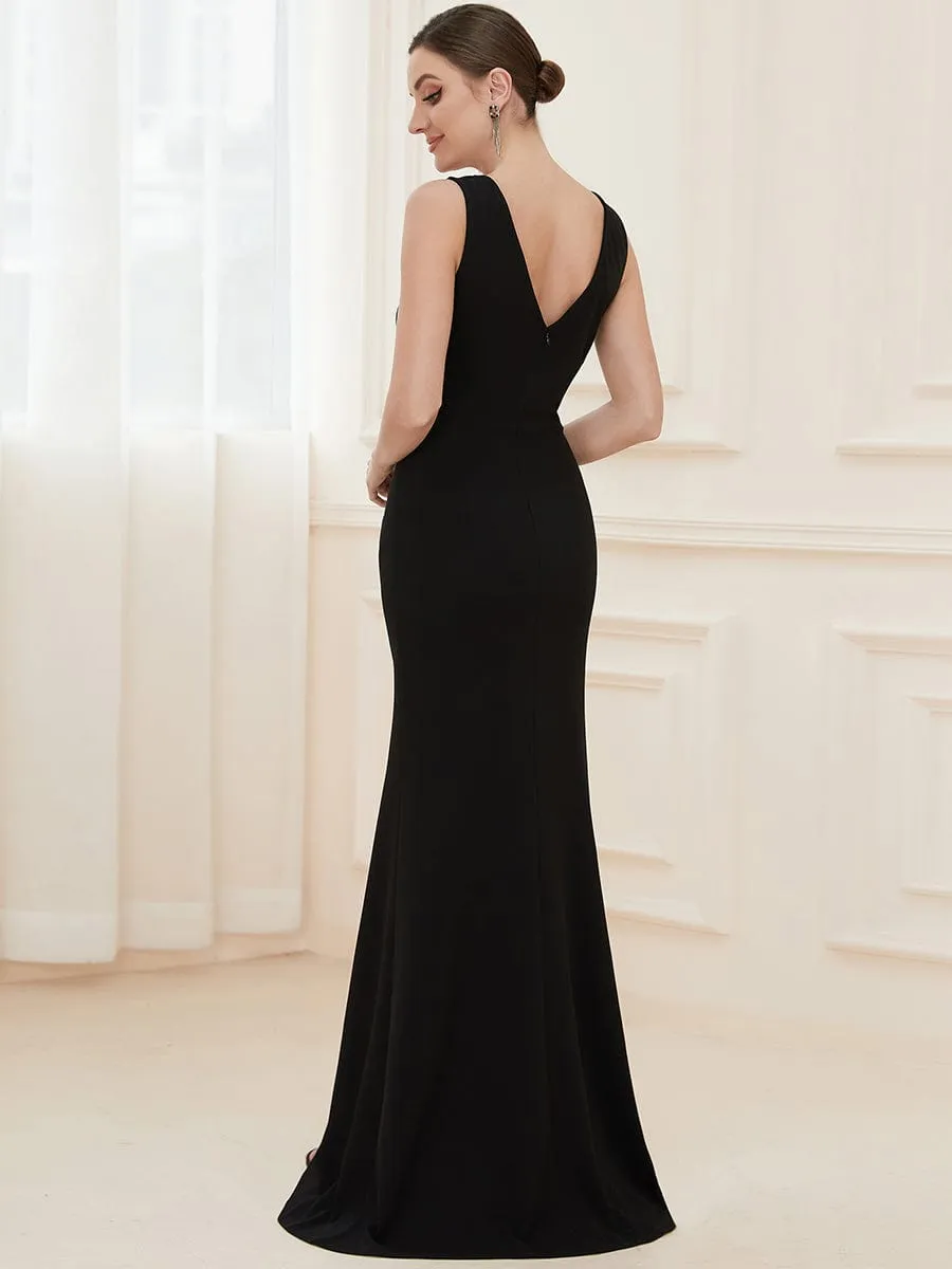 Front High Slit V-Neck Wrap Waist Knit Evening Dress