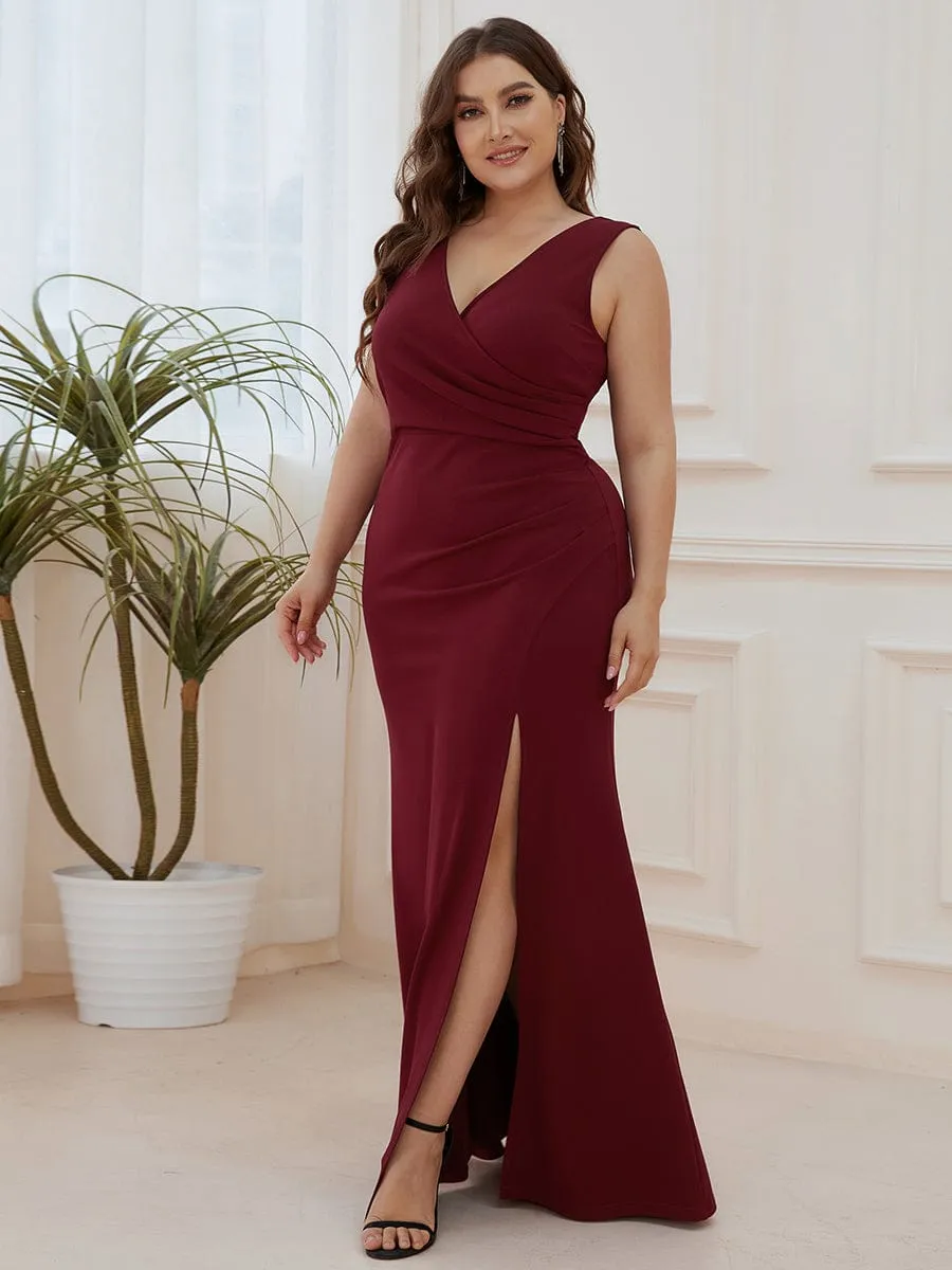 Front High Slit V-Neck Wrap Waist Knit Evening Dress