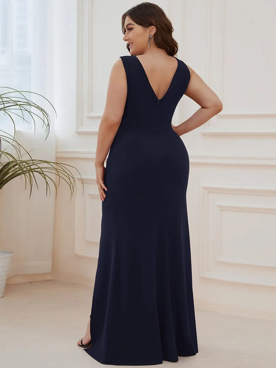 Front High Slit V-Neck Wrap Waist Knit Evening Dress