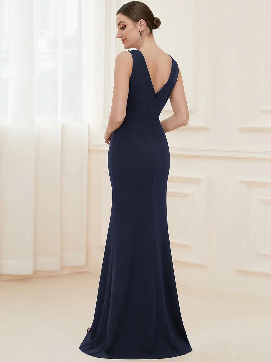 Front High Slit V-Neck Wrap Waist Knit Evening Dress