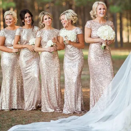 Gold Sequin Sparkly Mermaid Long Rose Bridesmaid Dress,Maid of honor Dresses, BD34