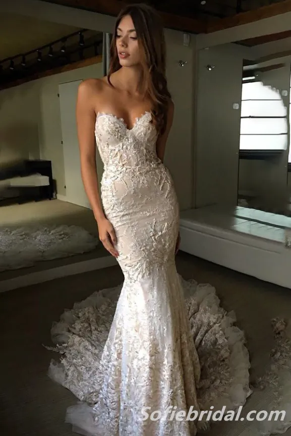 Gorgeous Ivory Strapless Sweetheart Appliques Train Mermaid Wedding Dresses,SFWD0061