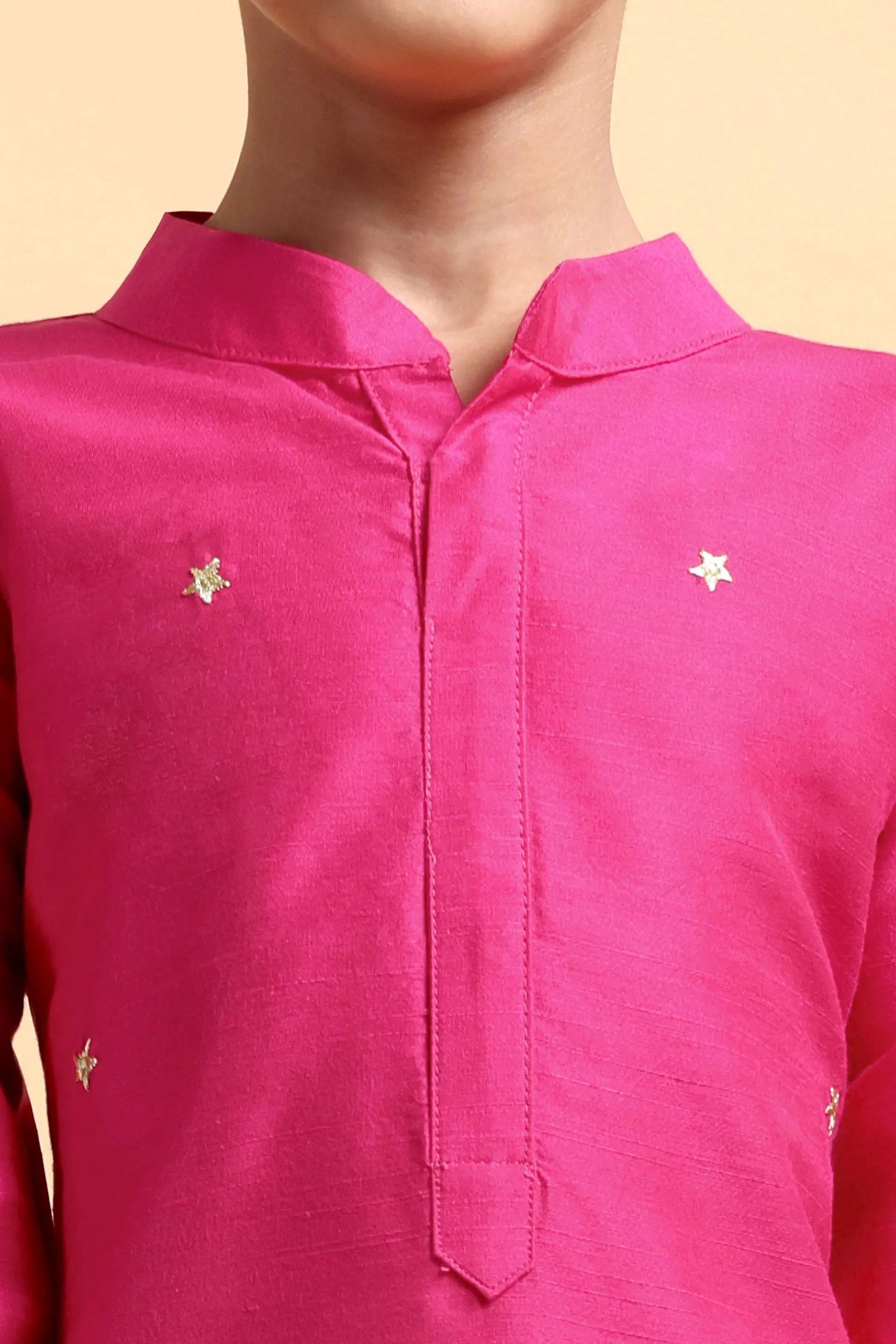 Hot Pink Embriodery Cotton Silk Kurta & Pajama Set