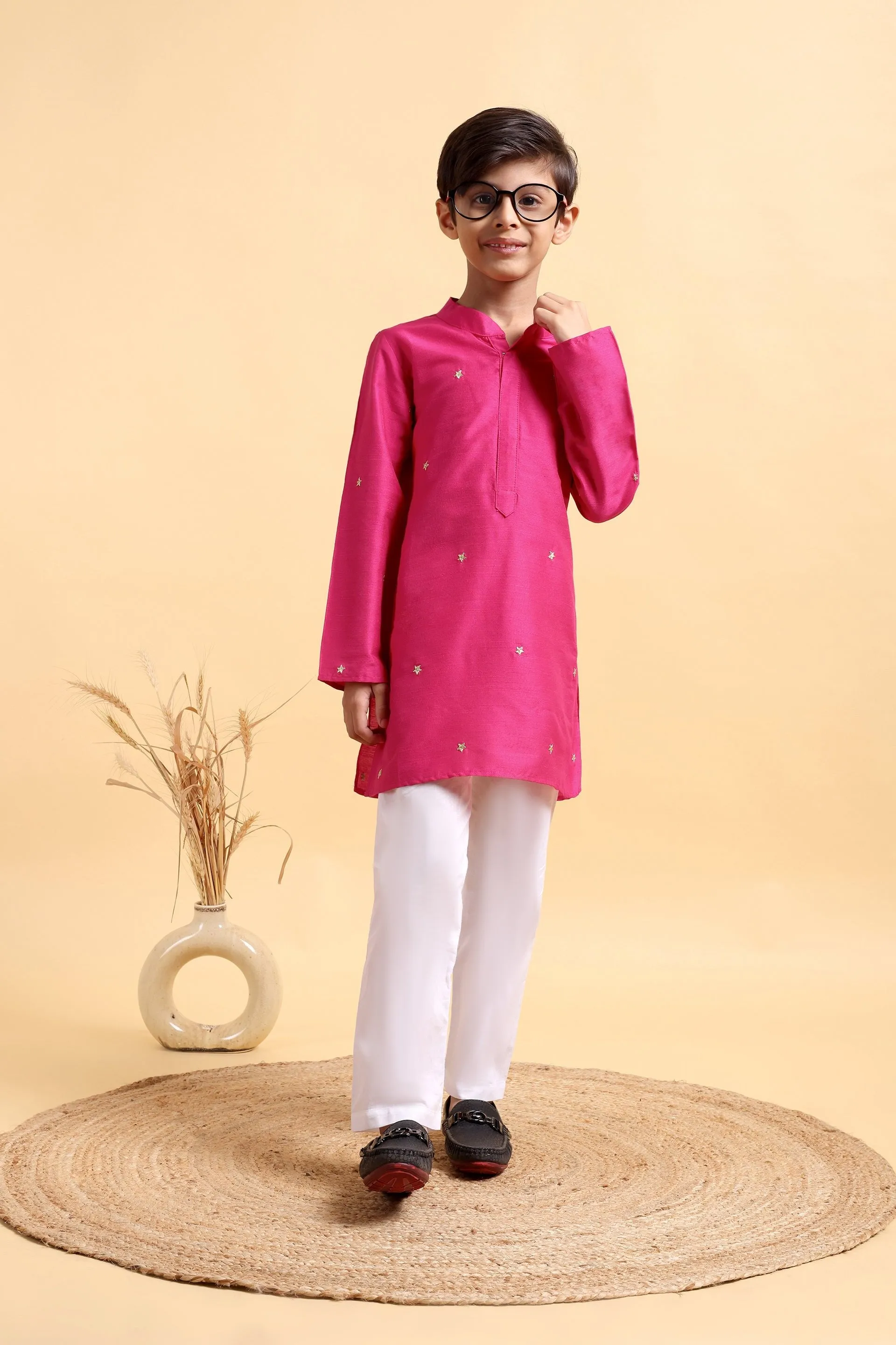 Hot Pink Embriodery Cotton Silk Kurta & Pajama Set