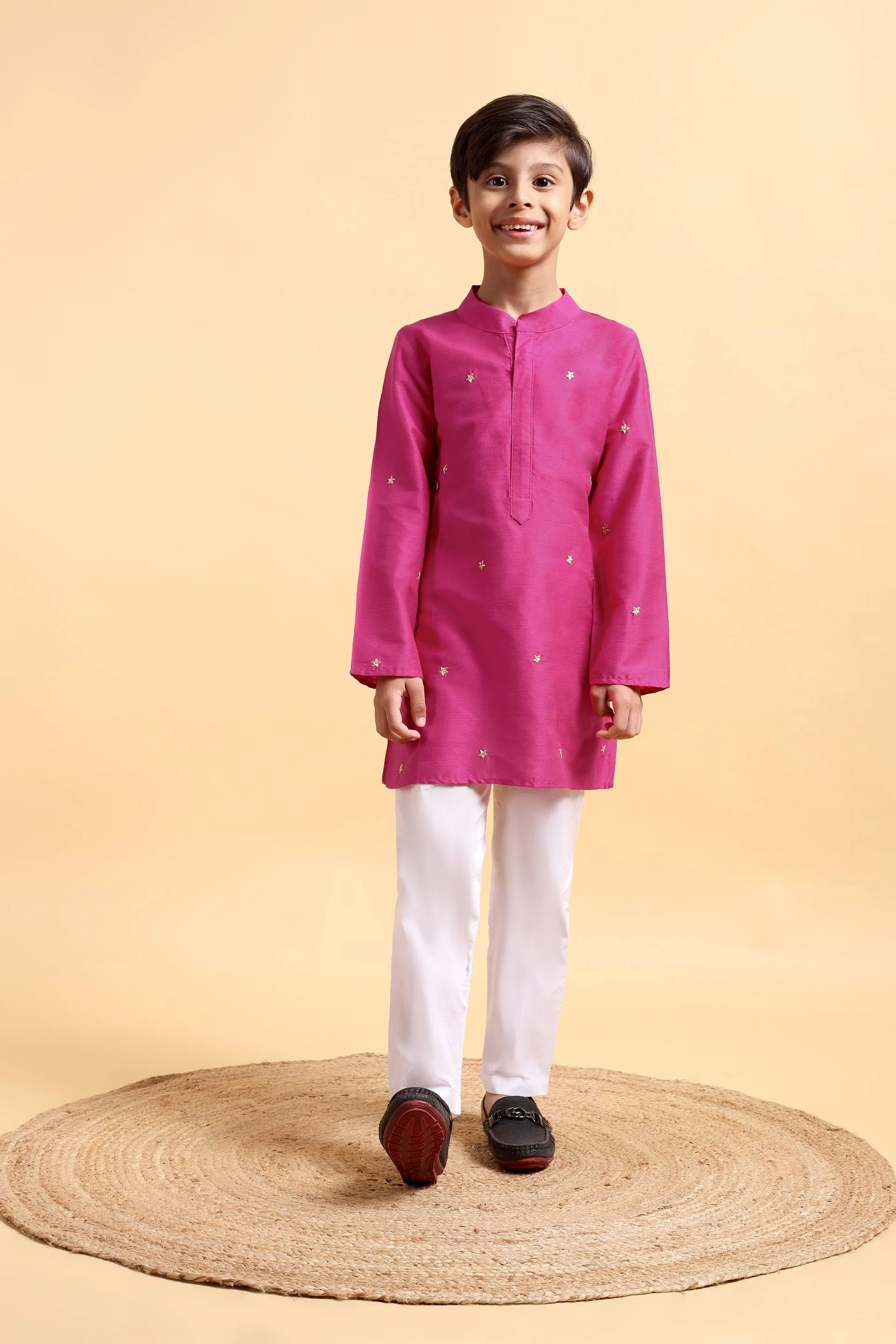 Hot Pink Embriodery Cotton Silk Kurta & Pajama Set