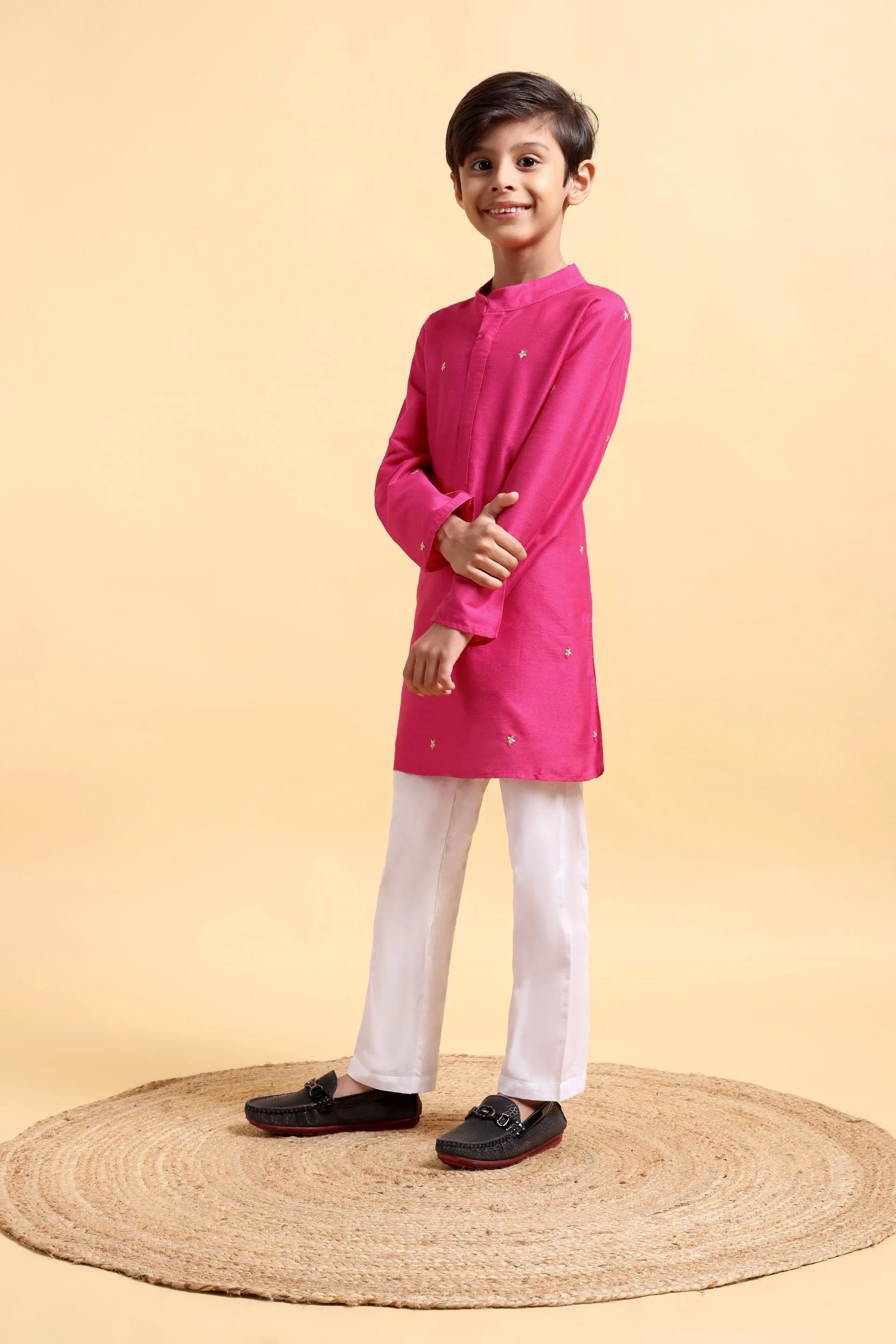 Hot Pink Embriodery Cotton Silk Kurta & Pajama Set