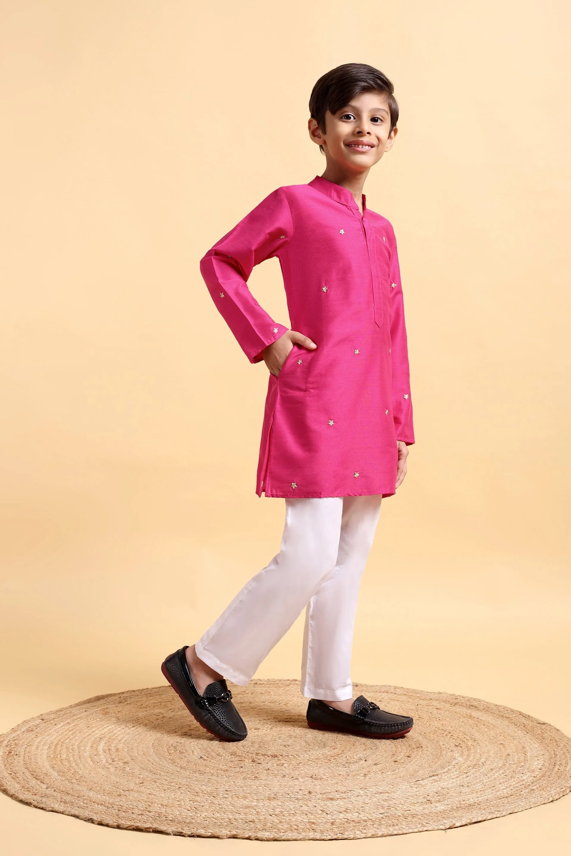 Hot Pink Embriodery Cotton Silk Kurta & Pajama Set