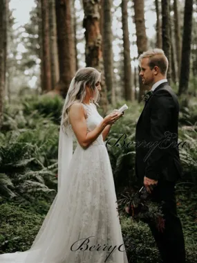 Illusion Lace Tulle Beach Wedding Dresses, Long Wedding Dresses, Romantic Bridal Gown