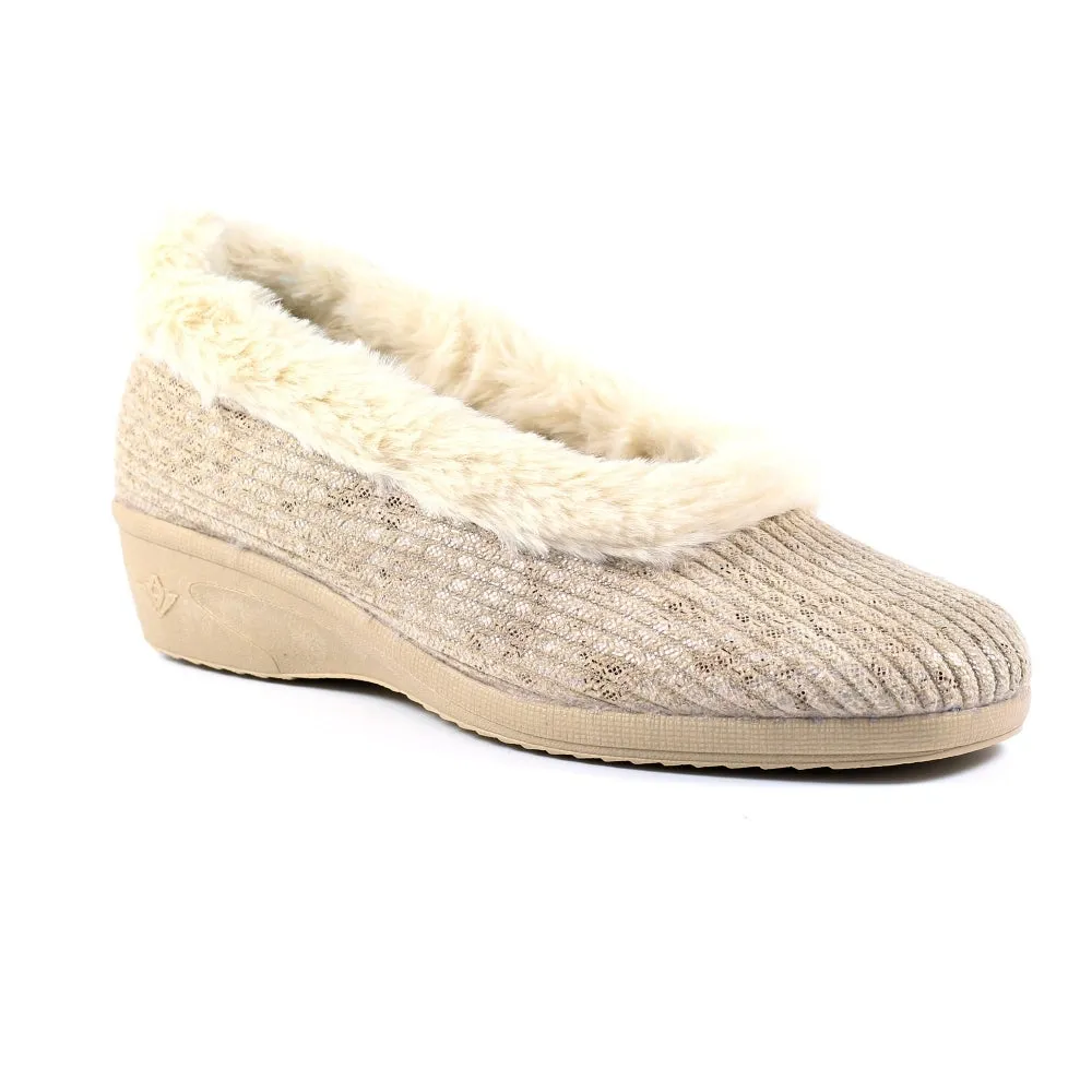 Ladies Bedroom Slippers Lunar Wedge Heel Beige Marlene KLA172