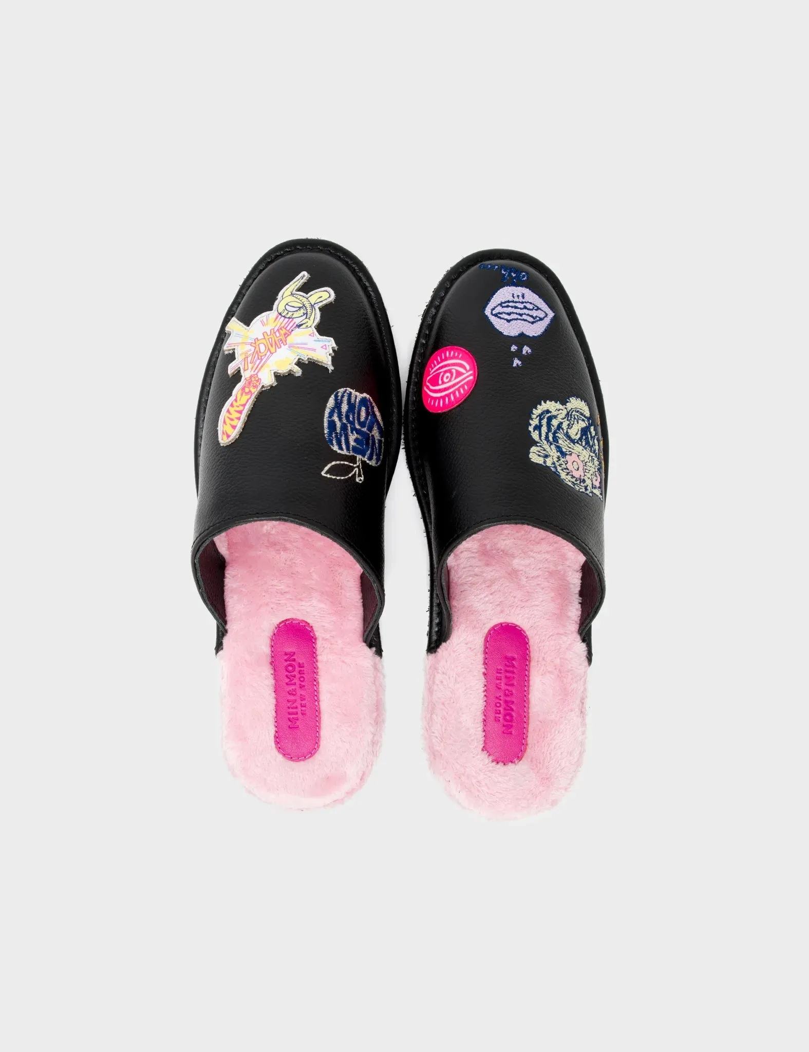 Marcelo Black Leather Slippers - Tiger Power Embroidery