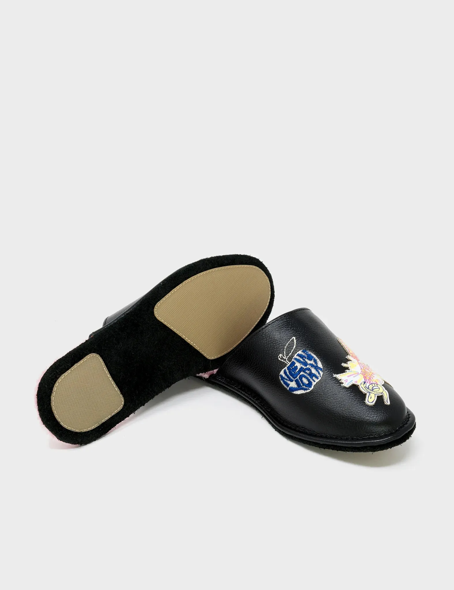 Marcelo Black Leather Slippers - Tiger Power Embroidery