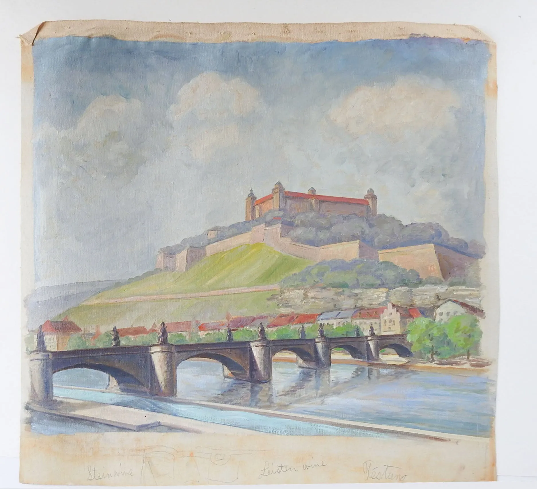 Mid Century Painting Marienberg Fortress Wurzburg Germany