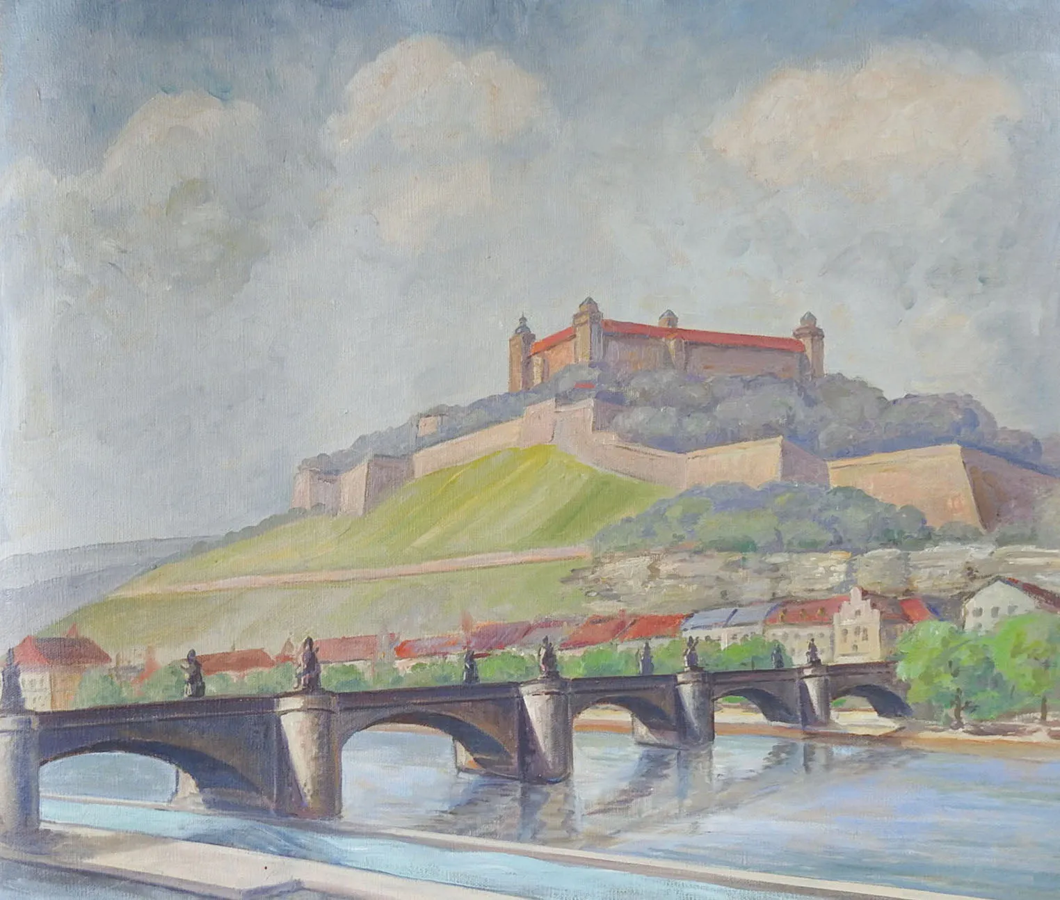 Mid Century Painting Marienberg Fortress Wurzburg Germany