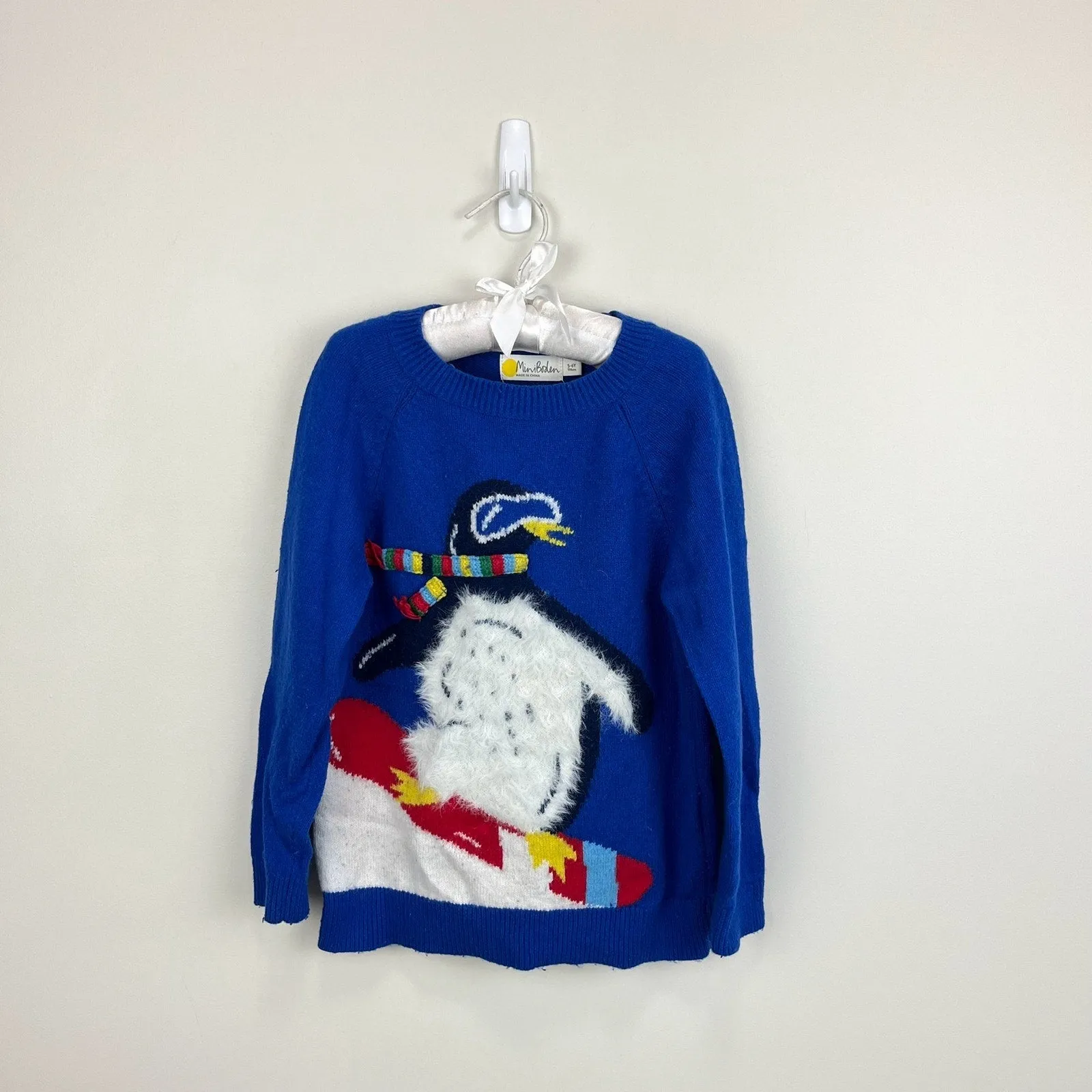 Mini Boden Fuzzy Blue Snowboarding Penguin Sweater 5-6