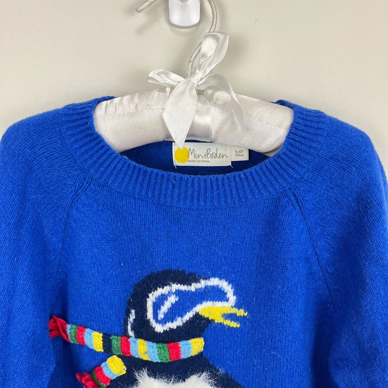 Mini Boden Fuzzy Blue Snowboarding Penguin Sweater 5-6