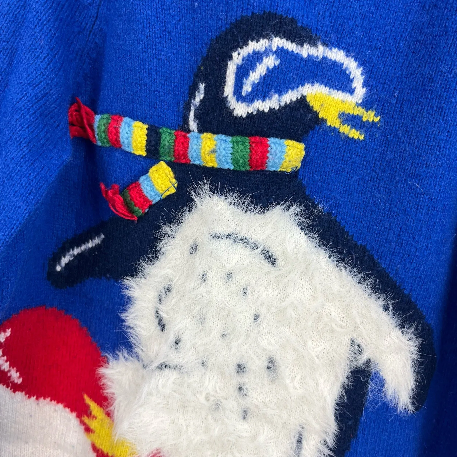 Mini Boden Fuzzy Blue Snowboarding Penguin Sweater 5-6