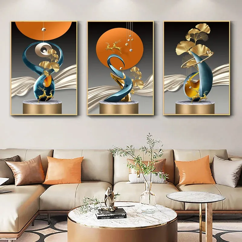 Modern Abstract Light Luxury Auspicious Golden Deer Wall Art Fine Art Canvas Prints Pictures For Living Room Dining Room Restaurant Art Decor