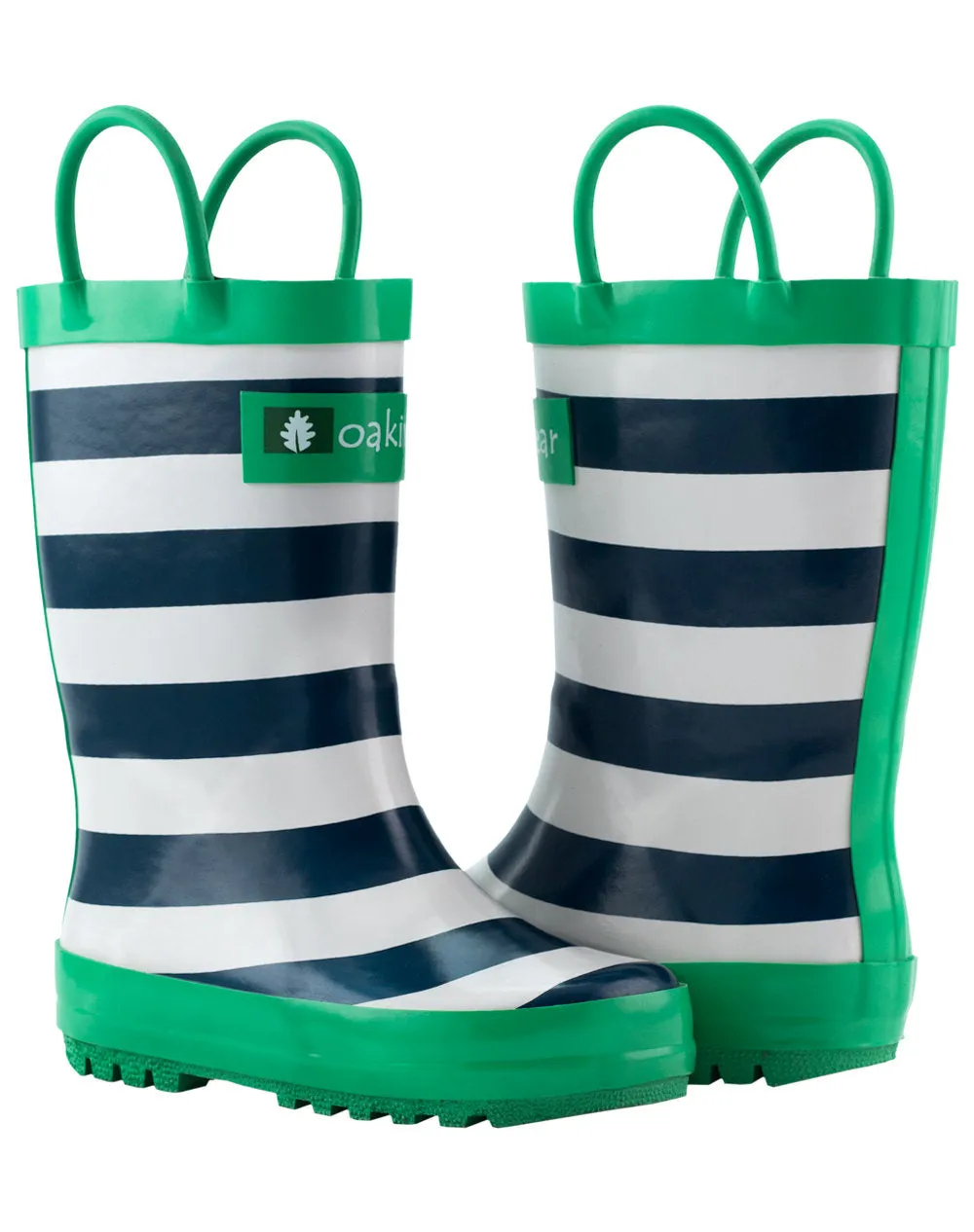 OAKI Blue, Green & White Stripes Loop Handle Rubber Rain Boots