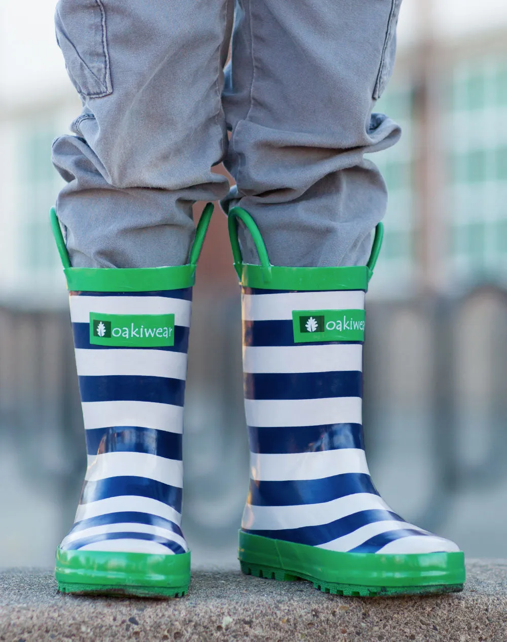 OAKI Blue, Green & White Stripes Loop Handle Rubber Rain Boots