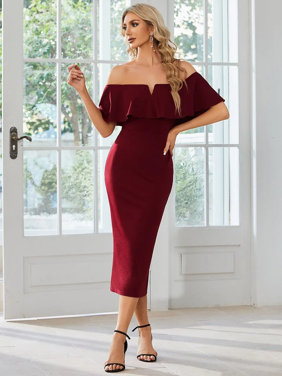 Off The Shoulder Bodycon Tea Length Wedding Guest Dress