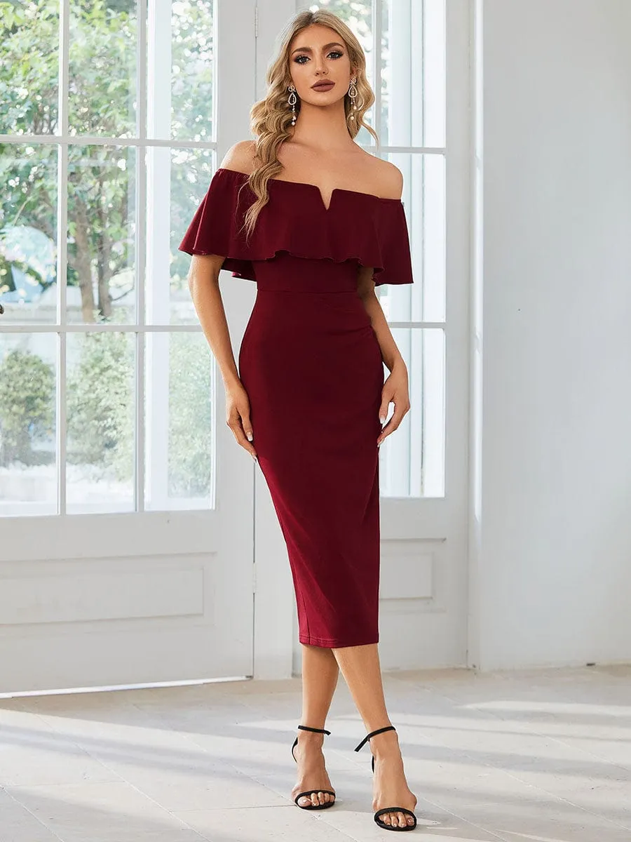 Off The Shoulder Bodycon Tea Length Wedding Guest Dress