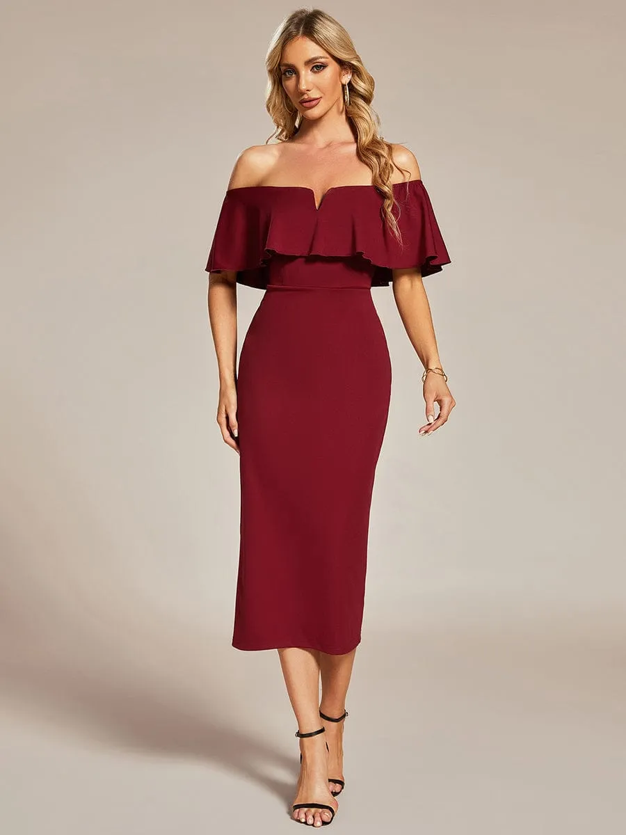 Off The Shoulder Bodycon Tea Length Wedding Guest Dress