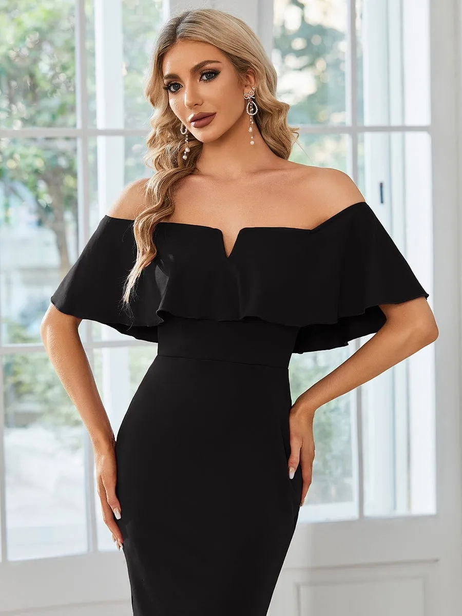 Off The Shoulder Bodycon Tea Length Wedding Guest Dress