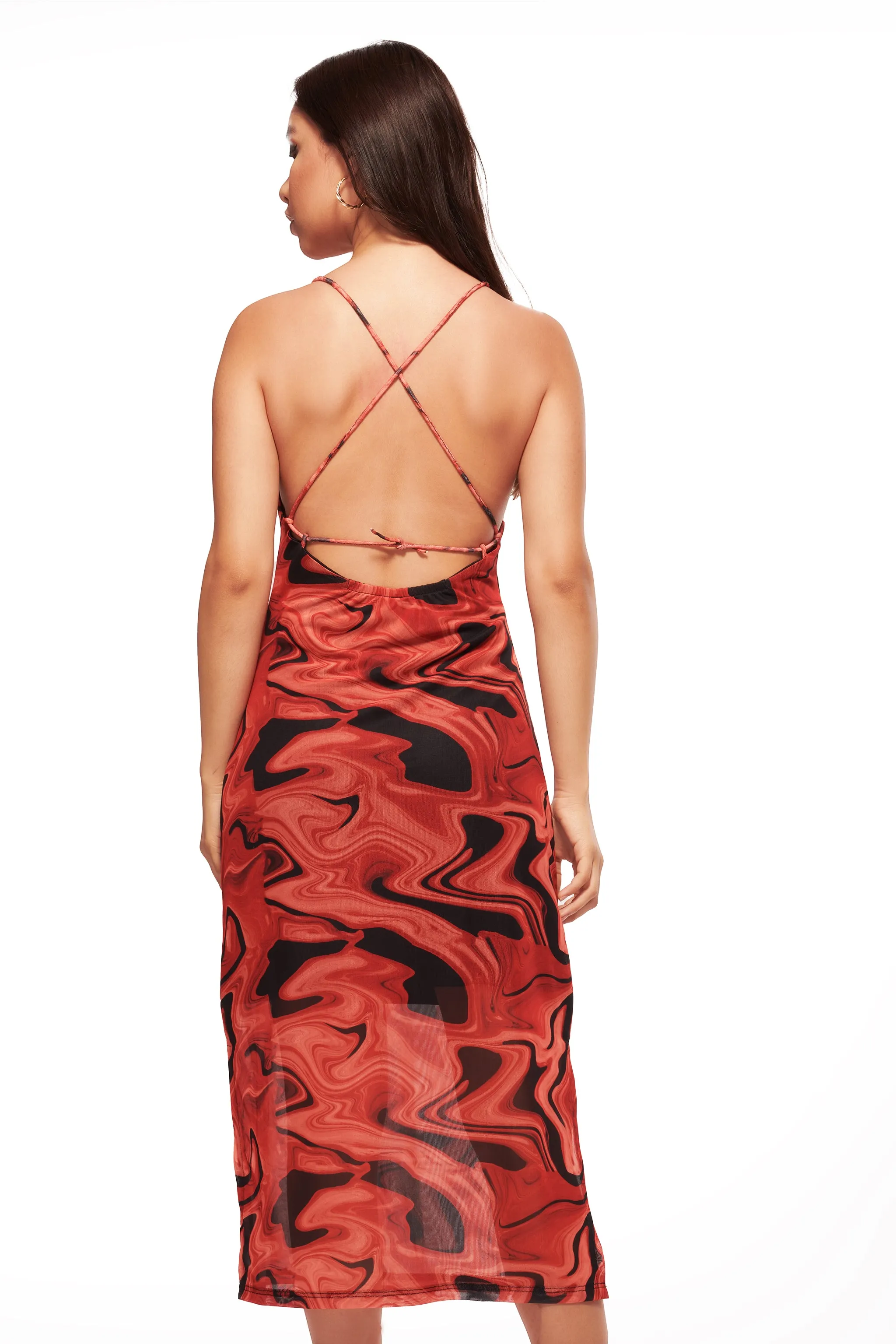 Printed Mesh Layered Midi Dress