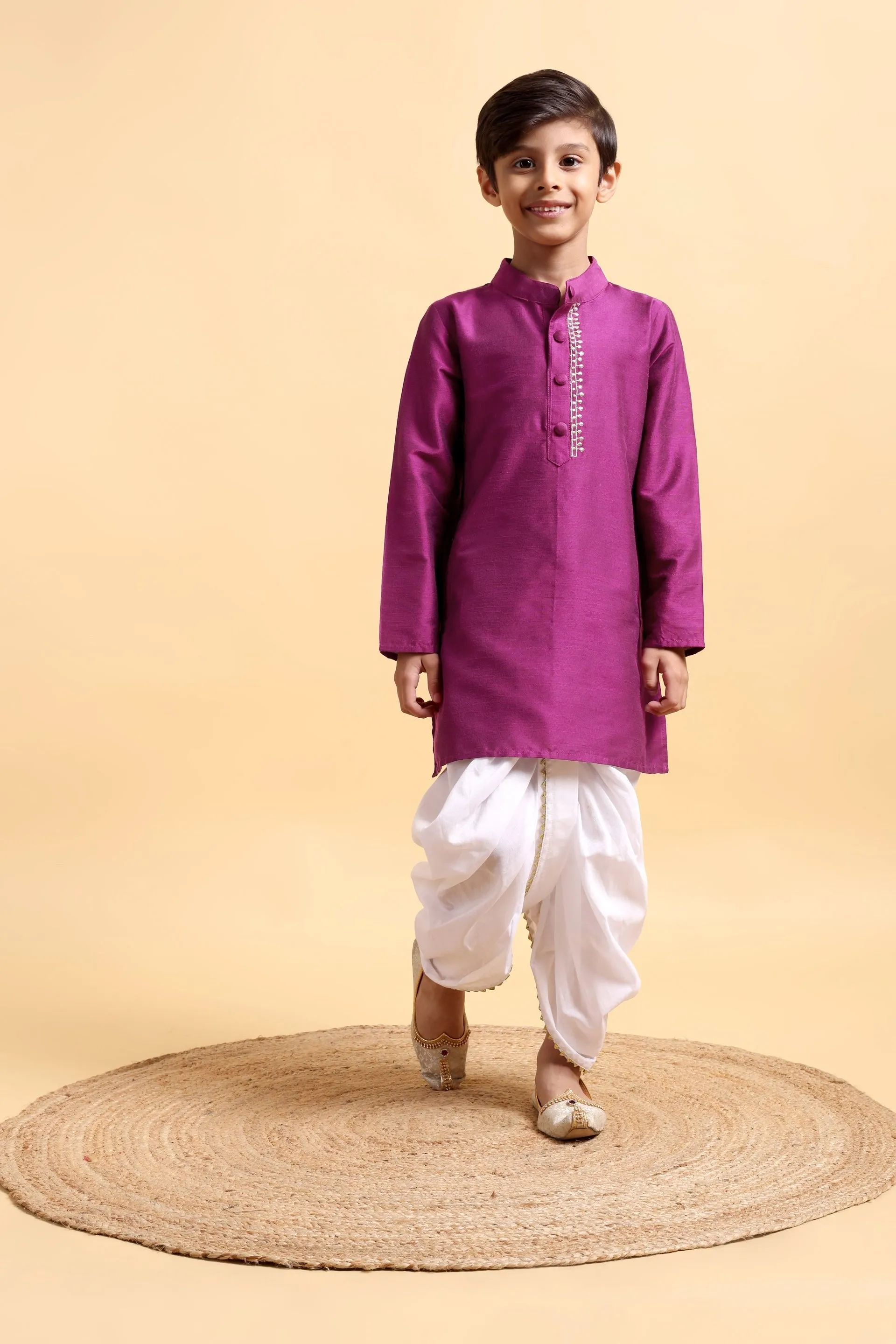 Purple Embriodery Cotton silk Kurta & Dhoti