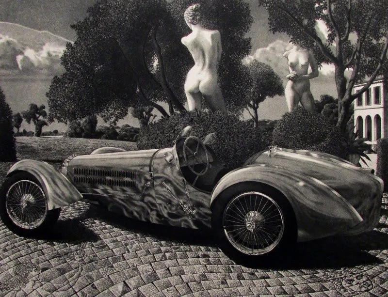 "Grand Prix Bugatti" by David Bumbeck - Classic Automobile Black and White Etching