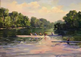 "Morning Workout on the Charles" by Leonard Mizerek - Impressionist Head of the Charles Oil Painting