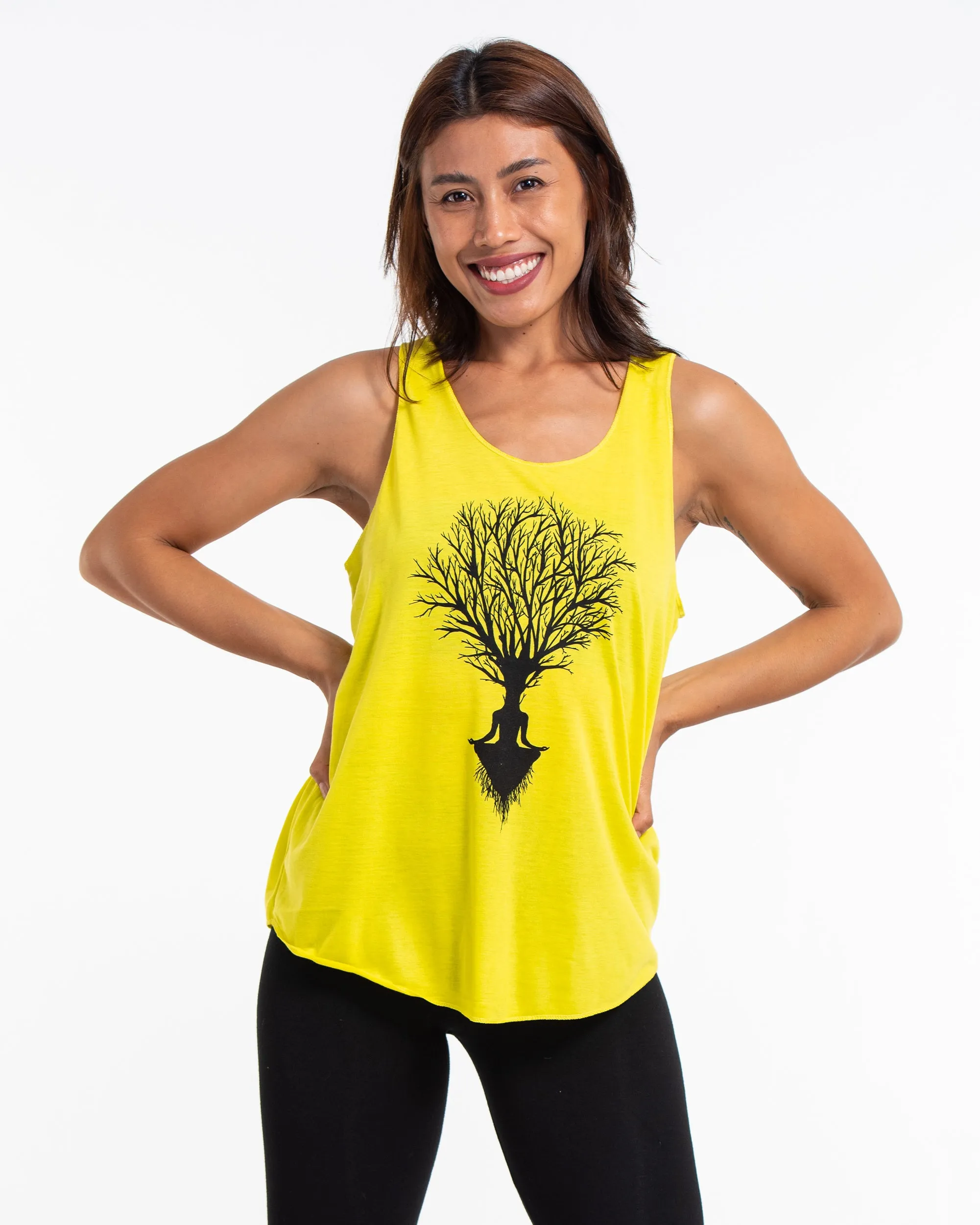 Super Soft Cotton Womens Meditation Tree Tank Top in Yellow