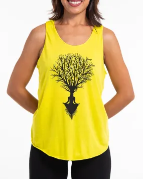 Super Soft Cotton Womens Meditation Tree Tank Top in Yellow