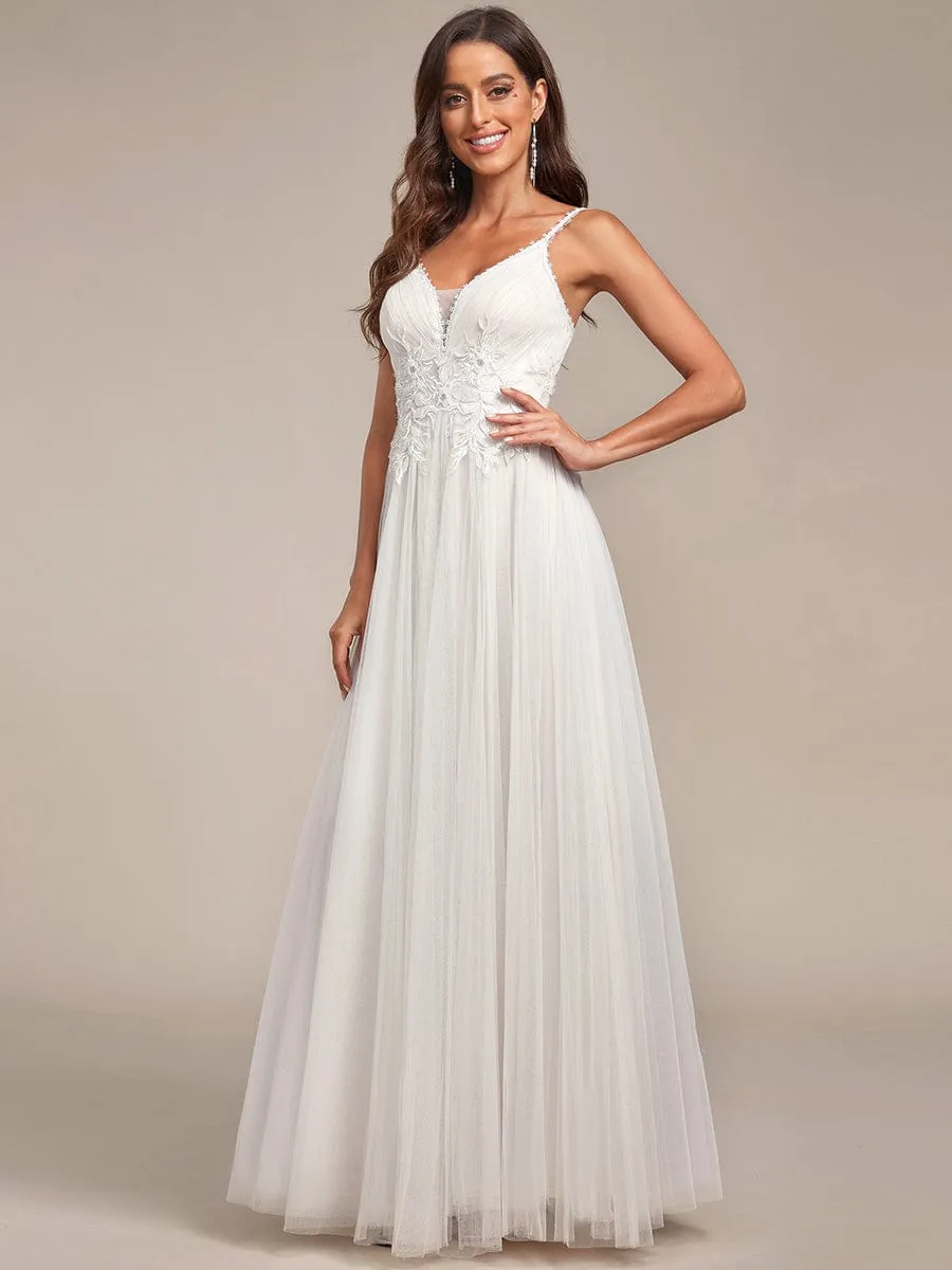 Tulle Floral Spaghetti Strap Illusion V-Neck A-Line Wedding Dress